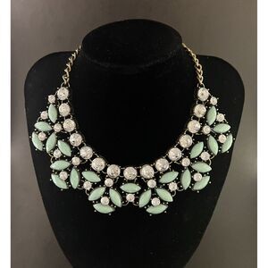 Gold Tone Green Rhinestone Statement Collar Bib Necklace Wedding Party Antiqued